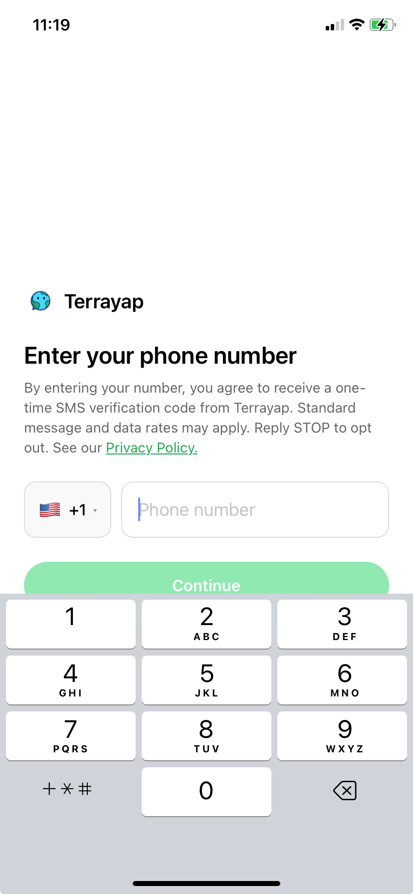 Terrayap mobile phone-entry screen with SMS consent text